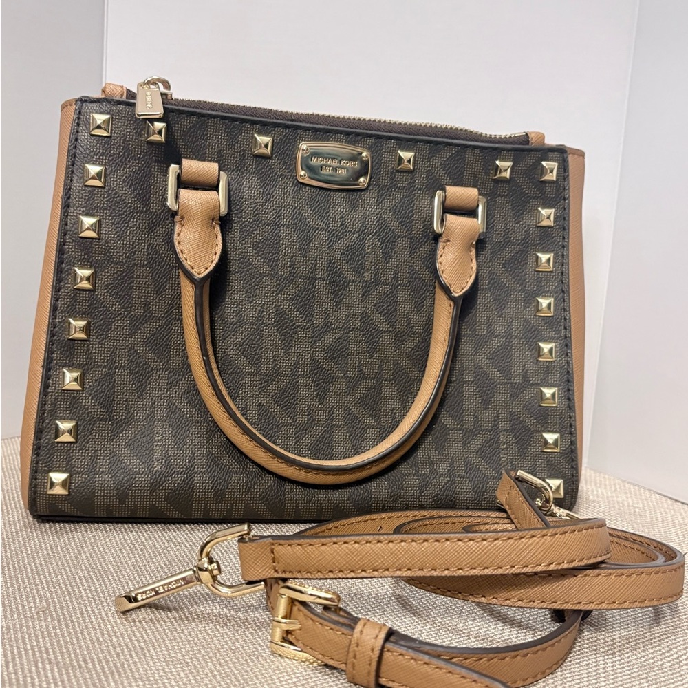 Michael Kors Black and Tan Studded Satchel